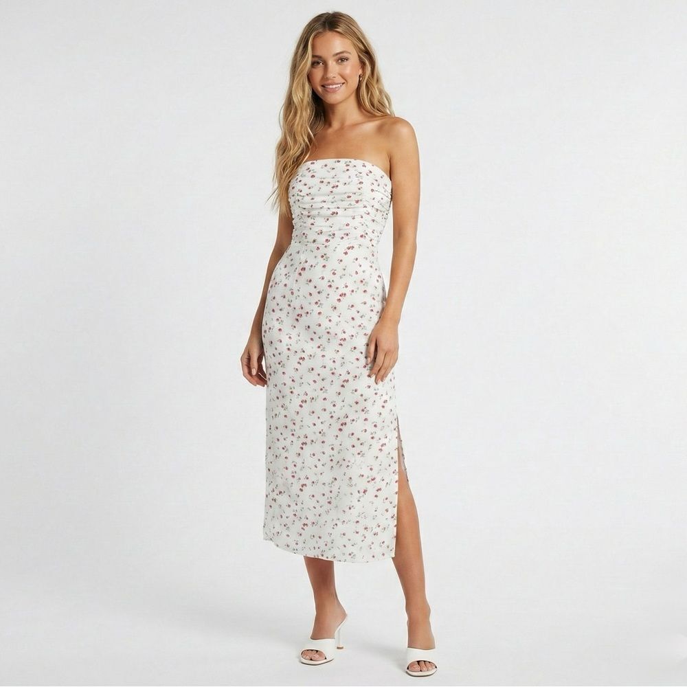 WAYF Birdie Strapless Ruched Midi Dress Medium NWOT White Floral Cottagecore